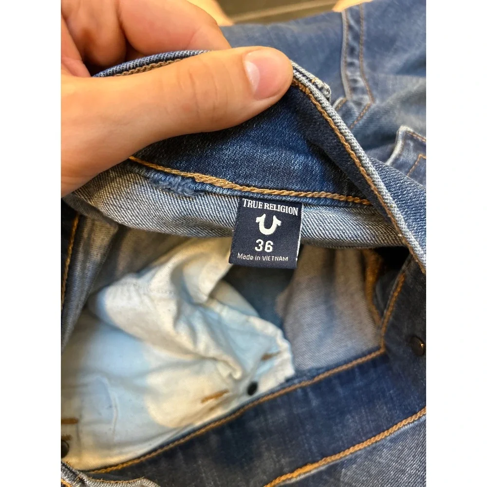 True Religion Geno Slim Straight Jeans Mens 36 Blue Denim Horseshoe Flap Pocket